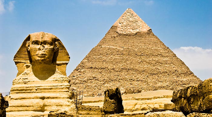 The great Sphinx of Giza guarding the great pyramid in Egypt