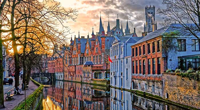 An evening views of the canals in Bruges Belgium