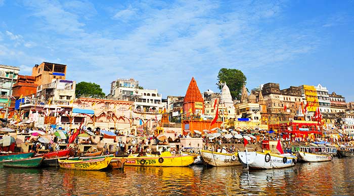 Views of the holy ghat in Varanasi Uttar Pradesh India