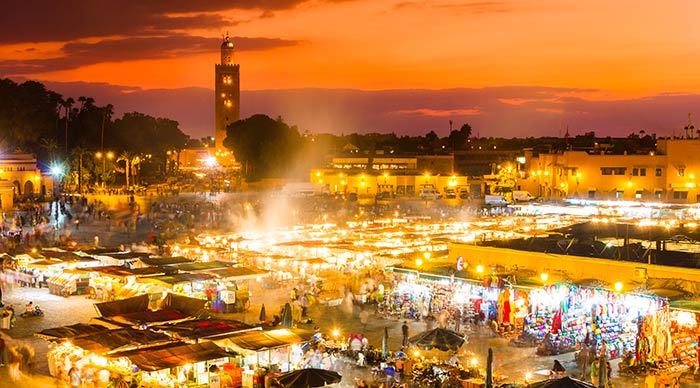 Night view of Jamaa el Fna a square and market place in Marrakesh Morocco