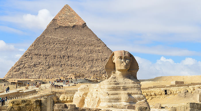 Sphinx and Giza Pyramids in Cairo, Egypt
