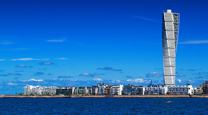 Malmo Cityscape with Turning Torso as Distinctive Landmark of this Swedish Town