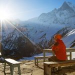 Hiker on the trek in the Himalayas region in Nepal