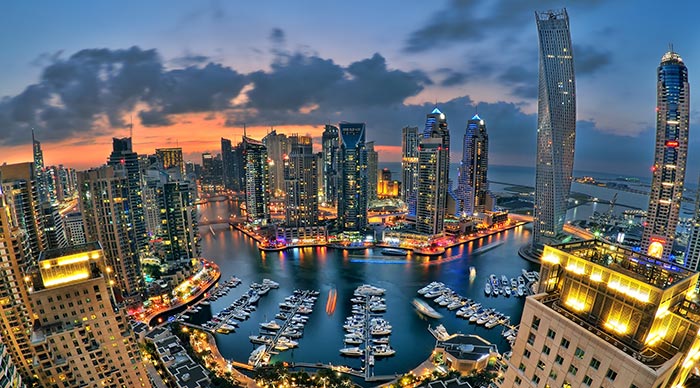 Aerial view of Dubai Marina after sunset in Dubai