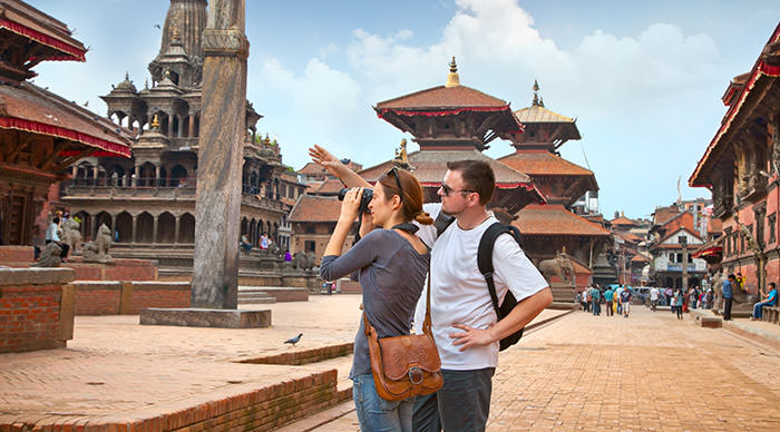 Beautiful young couple at Durbar Square in Kathmandu